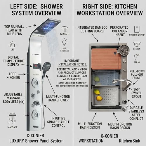 Image of X-XONIER 304 Grade Stainless Steel 7 In 1 Shower panel and All in One Sink Combo Multifunction Handheld Mist Spray Temperature Display (silver)
