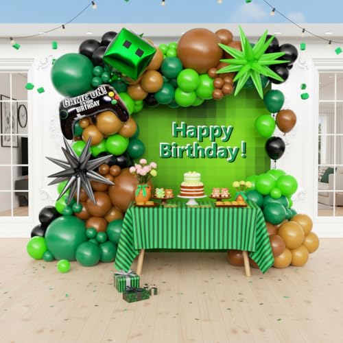 Image of 158Pcs Pixel Balloon Garland Arch Kit - Video Game Party Decorations with 18 12 10 5 Different Sizes Green Brown Black Latex Balloons for Pixel Birthday Baby Shower Boy Gaming Theme Decorations