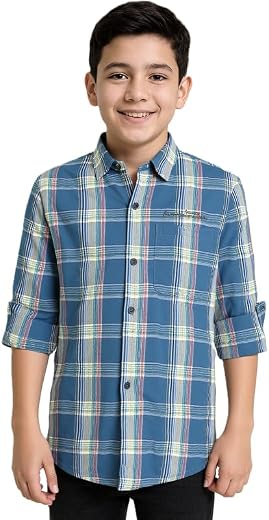 CAVIO Boys Cotton Regular Fit Spread Collar Full Sleeves Checks Shirt