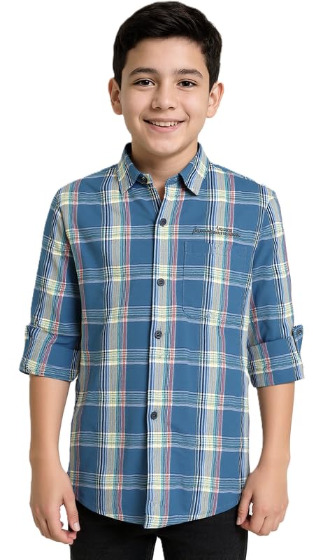 CAVIO Boys Cotton Regular Fit Spread Collar Full Sleeves Checks Shirt