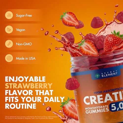Image of Secret Element Strawberry Creatine Monohydrate Gummies 5000 mg per Serving, Sugar-Free Vegan Chews