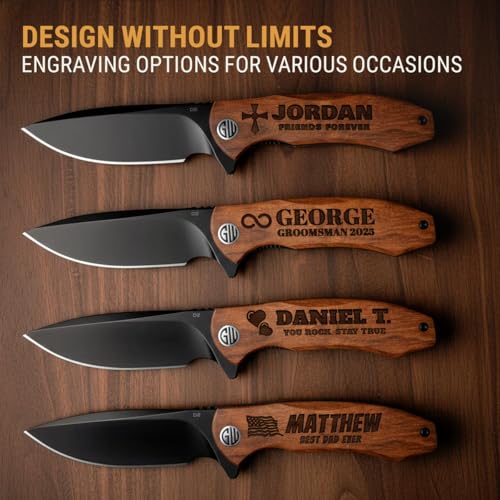 Image of GOOD WORKER Custom Knife with D2 Blade, Guibourtia Wood - Personalized Pocket Knives for Men - Engraved Gifts for Men Husband Boyfriend - Customized Present for Birthday, Anniversary - 6700 PS N2