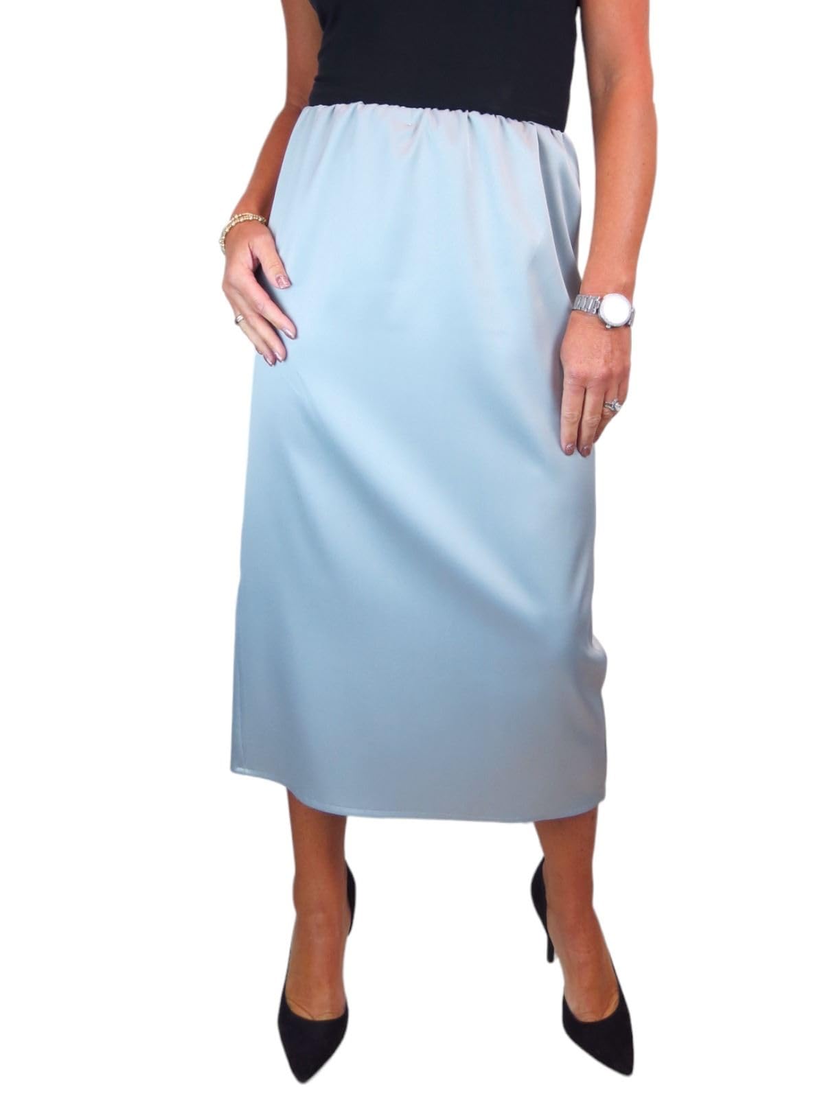 Paulo Due Women's Silver Midi Maxi Matte Satin Skirt Elasticated Waist - 14