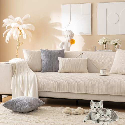 Topchances Chenille Sofa Cover 1 2 3 Seater,Washable Sofa Slipcovers Non-Slip Seat Cushions with Silicone Particles All-Seasons Apply to Pet Living Room Cushions(Off White,70x210cm 1 Piece)