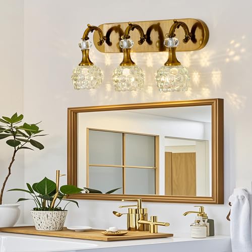 Image of 3 Light Vintage Vanity Light Gold Bathroom Lighting Fixtures Over Mirror with Glass Shade