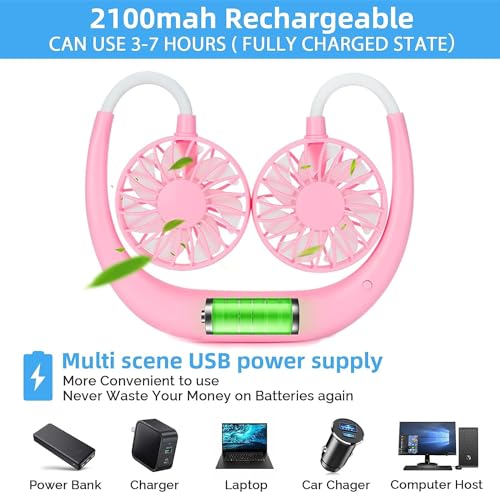Image of One94Store Portable Neck Fan - 1200mAh USB Rechargeable, 3-Mode, 7-Blade, Hands-Free Wearable Cooling Fan, Up to 3 Hours Use for Travel, Office, Outdoor, Sports & Home (Pink)
