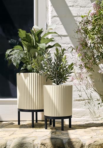 Image of Veradek Demi Series Raised Duo Planters - Set of 2 Planters with Stands | Made From a Durable Plastic-Stone Composite & Comes With Wooden Stand. Modern Porch /Patio Decor