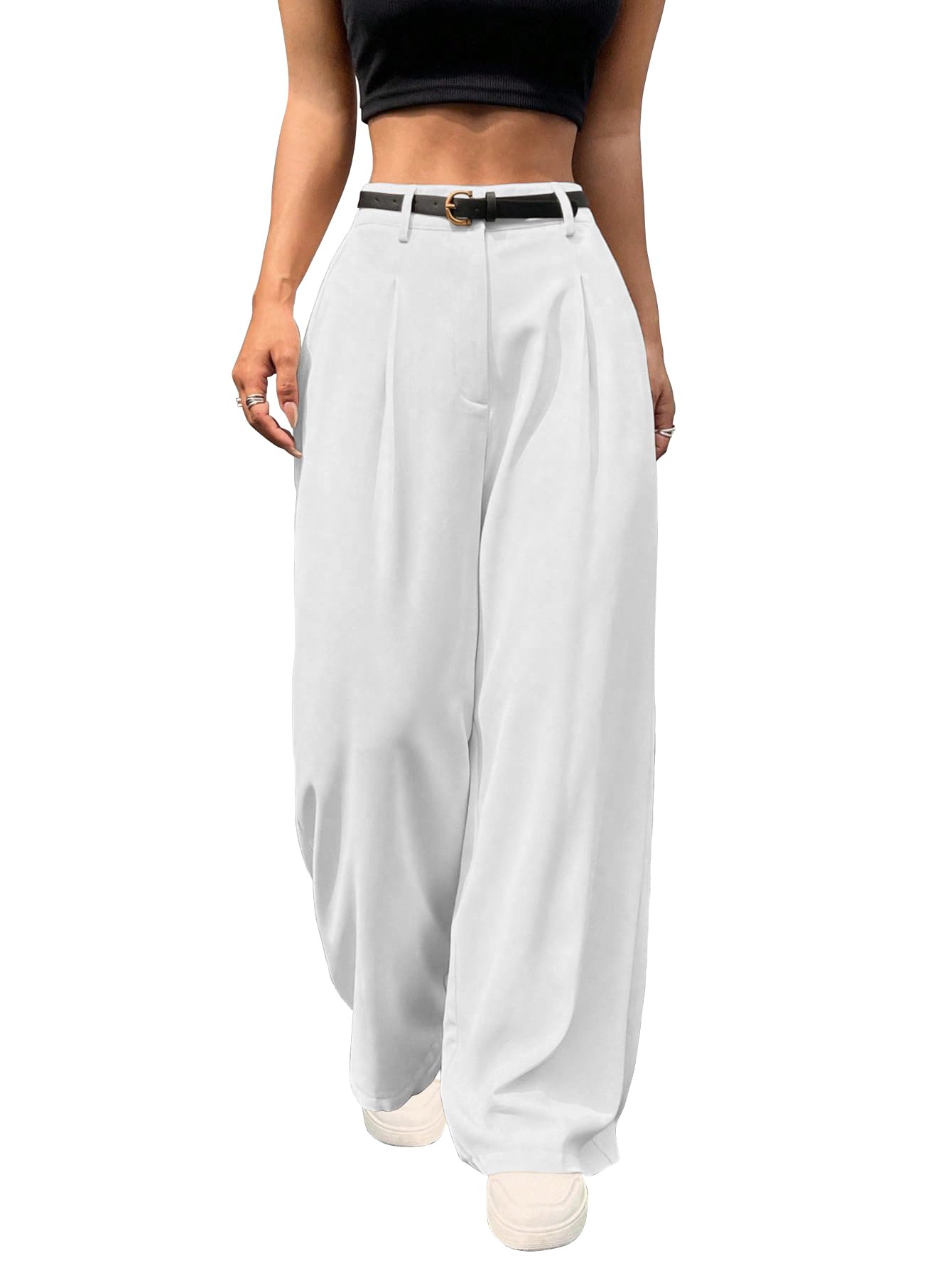 Shasmi Pantaloni da donna plissettati a vita alta a gamba larga, eleganti pantaloni neri con tasche, casual e da ufficio, pantaloni a gamba dritta (senza cintura) (pantaloni 220)