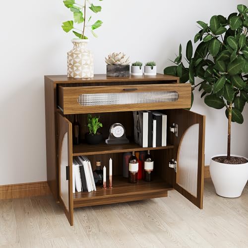 ALWXIA Sideboard Buffet Cabinet with Storage, 94.5” Farmhouse Curved Design Accent Cabinet with Acrylic Doors & Adjustable Shelves, Modern Coffee Bar (Sideboard W/Drawers_Walnut, 3Pcs) — view 6