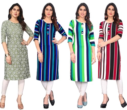 Image of JAKHANA Women's Crepe Printed Casual Straight Calf Length Round Nick Kurta Pack of 4
