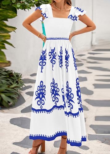 BTFBM Summer Dresses for Women 2025 Floral Smocked Boho Sleeveless Square Neck A Line Casual Beach Maxi Dress Pockets