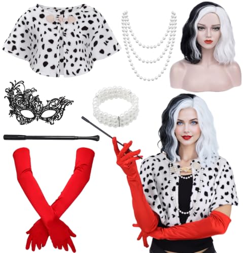 Oumbivil 8pcs Cruella Deville Costume Women Adult Halloween Cosutmes Cosplay Shawl with Accessories - Wig Gloves Necklace Bracelet C-holder Mask and Wig Cap OU098
