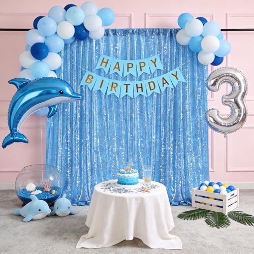 Image of Baby Blue Sequin Backdrop Curtain Drapes Background Party Decoration 8x10FT | Twilight Sparkle Glitter Fabric for Wall Photo Booth /Wedding /Baby Shower /Pincess Happy Birthday /Anniversary /Theme Party