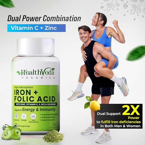Image of HEALTH VEDA ORGANICS PRIVATE LIMITED Chelated Iron Folic Acid with Zinc, Vitamin C & B12, Zinc & Spinach leaves, Supports Hemoglobin Production, Boost Immunity & Maintains Iron Level (120 Capsules)