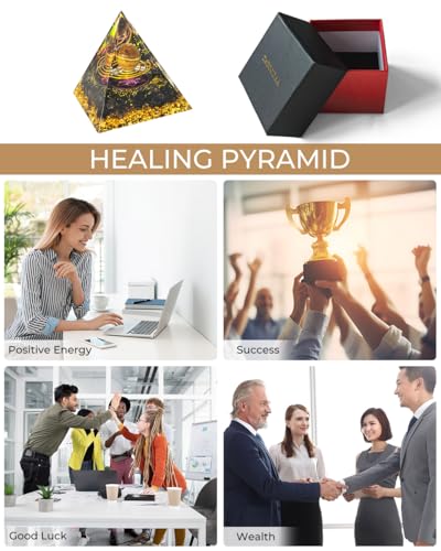 Image of Orgone Pyramid with Healing Crystals - (Space - Planets) - Golden Obsidian Energy Generator for Positive Vibe, Stress Relief & Chakra Reiki Meditation - Spiritual Gift for Success, Wealth & Prosperity