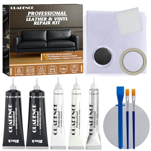 Quadence Black Leather & Vinyl Repair Kit Car Interior Seat Repair Kit Leather Color Restorer for Furniture Cars Sofas Jackets Fix Scratches Tears & Holes on Genuine Faux PU Bonded Surface