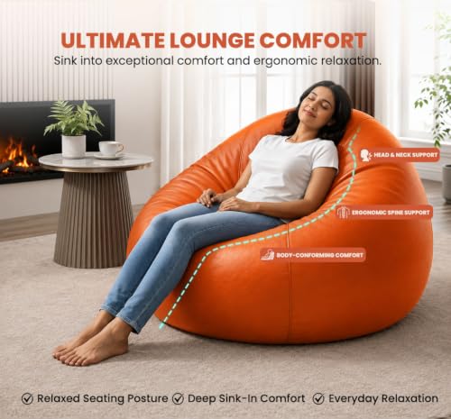 Image of Sattva Classic 4XL Bean Bag Chair with Beans Filled | Sofa Style Faux Leather Beanbags with Filled Beans | Comfortable Bin Bags Sofa for Adults & Teens, Living Room & Office | Orange