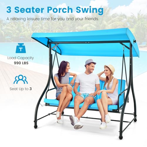 Tangkula 3 Person Porch Swing, 2-in-1 Convertible Patio Bed with Removable Cushions, Solid Steel Structure, Outdoor Swing with Adjustable Canopy for Backyard, Balcony, Poolside (Turquoise)
