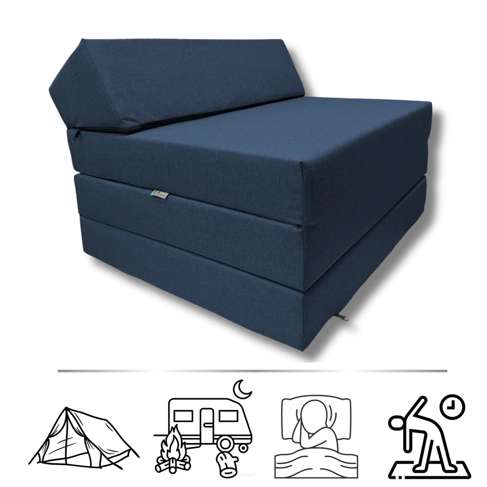 FORTISLINE Matelas pliant, 200 x 70 x 10 cm, en 3 parties, pour invité, camping, avec housse extérieure imperméable, cubique, lit d'invité, matelas de caravane, bleu foncé