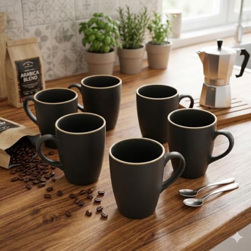 Image of miah decor Tea Coffee Cup Set of 6 300ml Big Grey Ceramic (Porcelain) Premium Tea & Coffee Mugs | Microwave Safe | Elegant Tableware for Home & Office | Ideal for Gifting