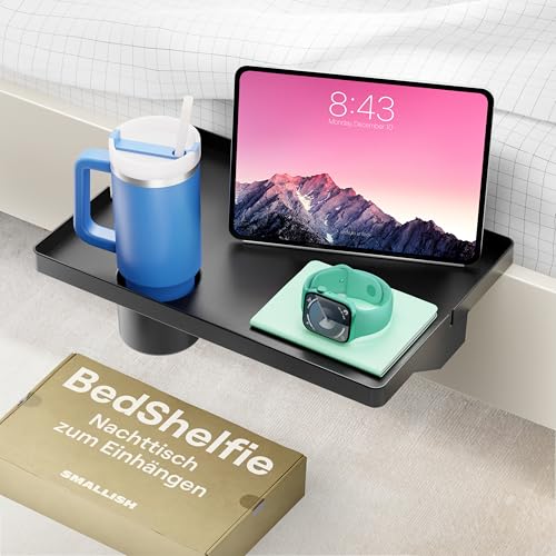 Bedshelfie Nachttisch für Etagenbett und Boxspringbett, Bettablage für WG-Zimmer, Betttablett schwebend, Bettablage zum Einhängen – mit Getränkehalter, Schwarz Bedshelfie Nachttisch für Etagenbett und Boxspringbett, Bettablage für WG-Zimmer, Betttablett schwebend, Bettablage zum Einhängen – mit Getränkehalter, Schwarz