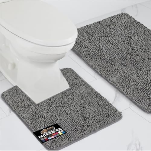 GORILLA GRIP Bathroom Rug Sets, Soft Chenille 2 Piece Area Rugs Set, Toilet Base Mat and 30x20 Carpet, Absorbent Microfiber Washable Mats Dry Quickly, Home Décor and Bath Room Accessories, Grey