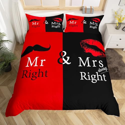Feelyou Mr Mrs Bedding Set Black Red Creative Duvet Cover Set Love Man Mustache Woman Lip Romance Comforter Cover Funny White Quote Lover Couple Valentine Day Bedroom Decor Queen Size (No Comforter)