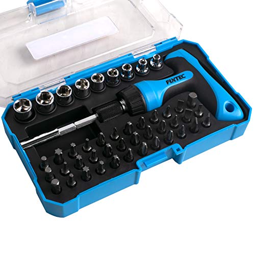 Fixtec 47-Piece Screwdriver Bit Set Ratchet Wrench Magnetic T-Handle Home Repair Kit With Plastic Toolbox Storage Case #TOP2