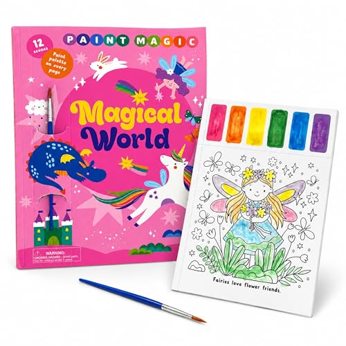 Paint Magic Magical World - Paint with Water Fairy Tale Painting Book for Kids (Unicorns Fairies, Princesses) - Includes Perforated Pull Out Pages and Paintbrush