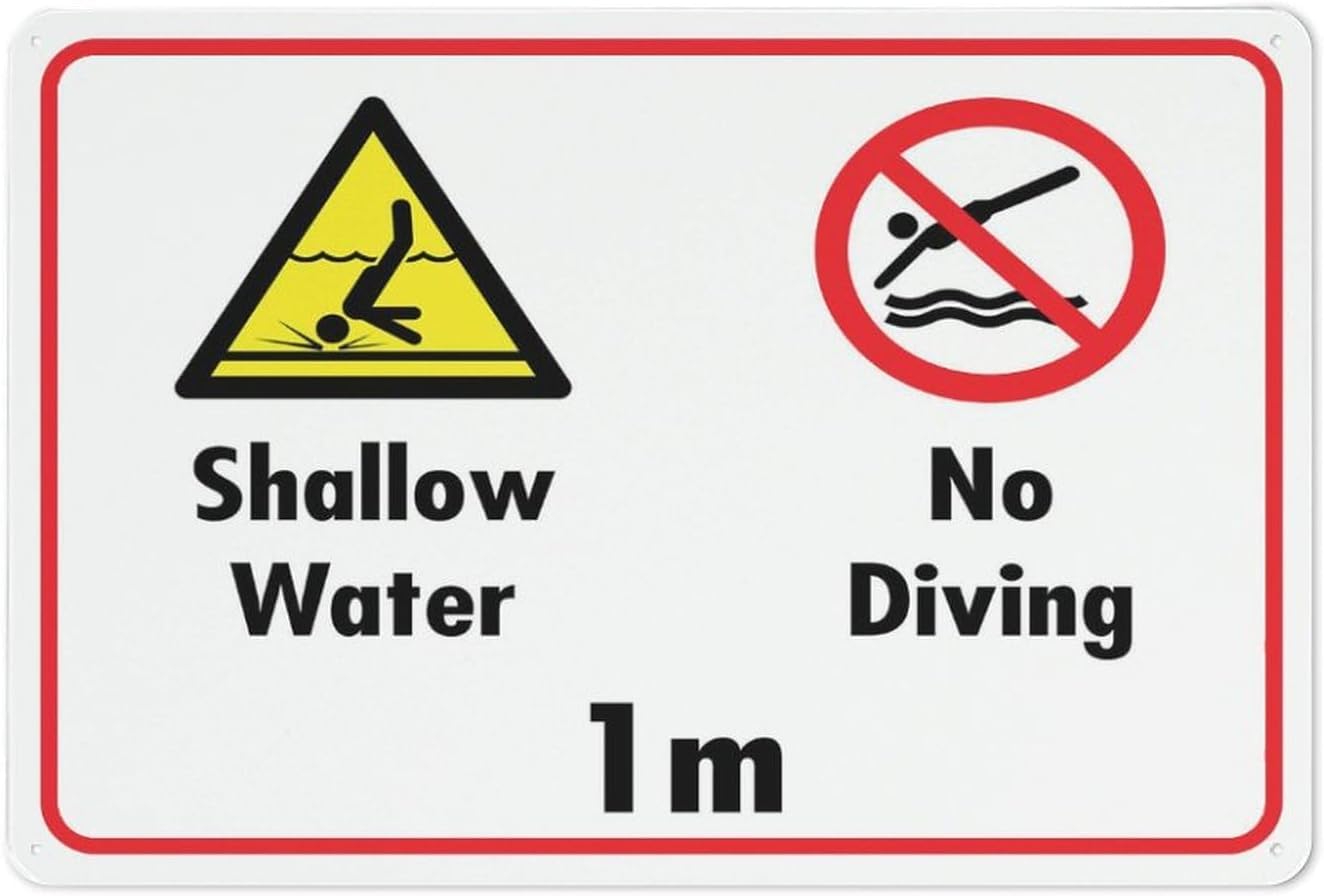 Shallow Water No Diving 1M Rust Free Aluminum Sign - UV Printed, 4 Pre-Drilled Holes Decor for Business Pool - 16x12 Inch​