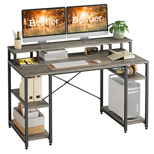 Bestier 140CM Computer Desk with Monitor Shelf Gaming Desk with Shelves Writing Desk with Storage Ideal Office Desk &Workstation for Small Space