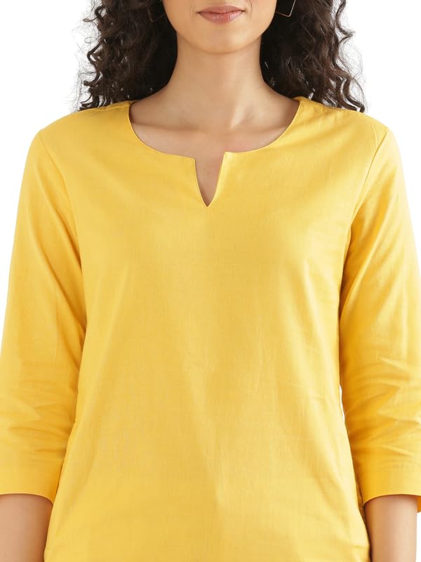Image of SAADAA Airy Linen Mid Thigh Length Kurta for Women | Stylish Split Neck, 3 /4 Sleeves & Side Pockets | Comfortable Everyday Wear Kurta | Breathable Fabric |