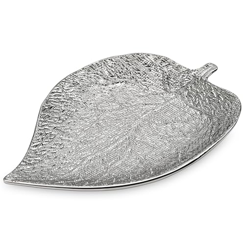 Arborus Plato de cerámica de 36,5 x 24 cm, bandejas de joyería plateadas, plato de joyería de hoja grande, bandeja decorativa para anillos, aretes, llaves, pulseras, collares, velas, centro de mesa