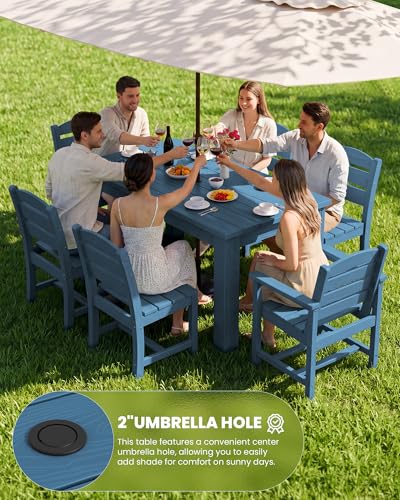 Image of SERWALL 59 inch HDPE Outdoor Dining Set for 10, w / 2 Tables & 10 Chairs, Blue | All Weather Resistant HDPE Dining Sets for Patio, Garden, Backyard