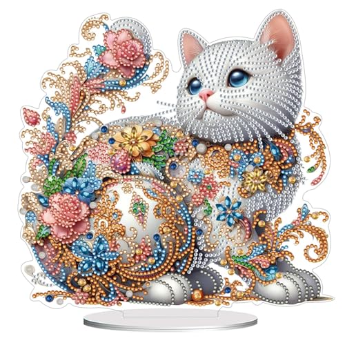 CAYUDEN DIY Diamond Painting Décoration de Table, Chat Blanc Décoration de Table en 5D Diamant Debout Art Set Diamant Peinture Adultes Gem Ornements pour...