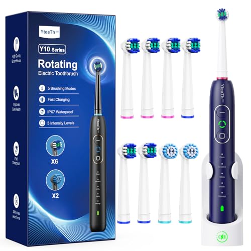 Image of Electric Toothbrush for Teeth Whitening - Adult Toothbrush with 3 Intensities 5 Modes, 8 Brush Heads, IPX7 Waterproof, Travel Electric Toothbrush, Blue