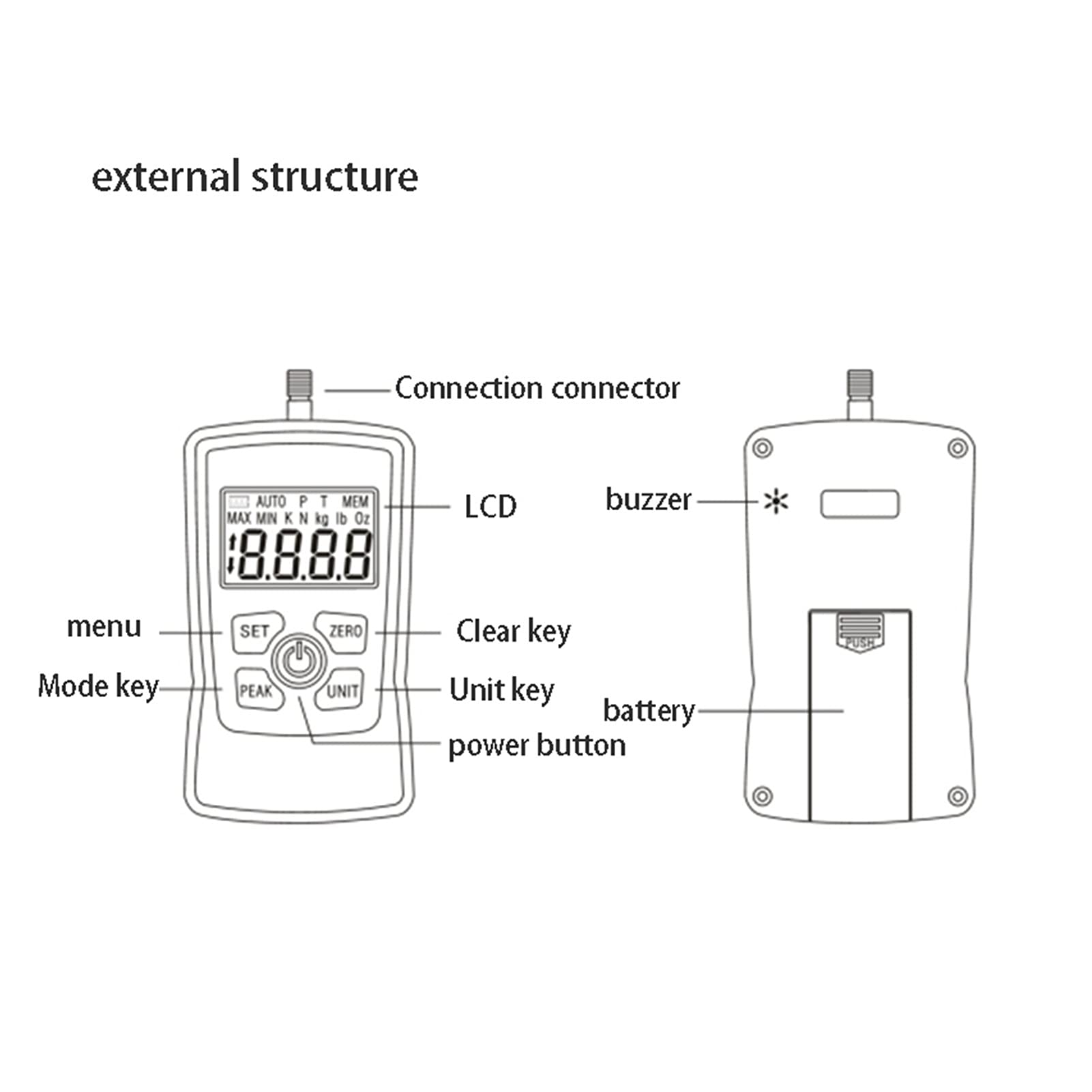 Dinamometro manuale 500 Display digitale Push Tester Tester Dynamometer Dinamometro ad alta precisione PRESSIONE PRESSIONE PRESSIONE Portatile Tester portatile Misurazione della forza