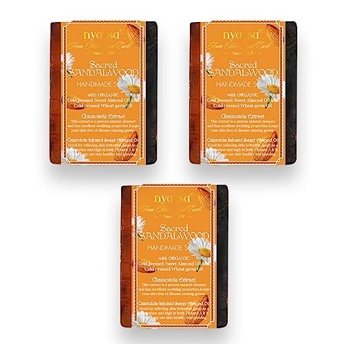 Image of Nyassa Luxurious Sacred Sandalwood Handmade Natural Bathing Soap | Buy 2 get 1 free |Chamomile Extract & Calendula with Organic Sweet Almond Oil |Sandalwood Fragrance | All 75gm