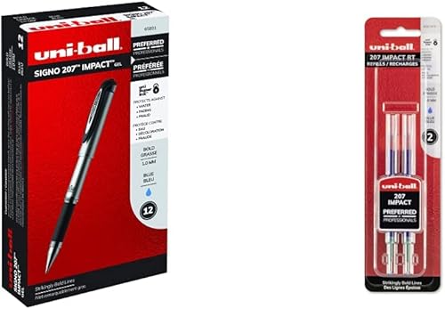 Miniatura 1 de uni-ball Bolígrafos de gel de impacto 207 con punta negrita, 0.039 pulgadas, azul, paquete de 12 y 207 repuestos de bolígrafo de gel Impact RT,