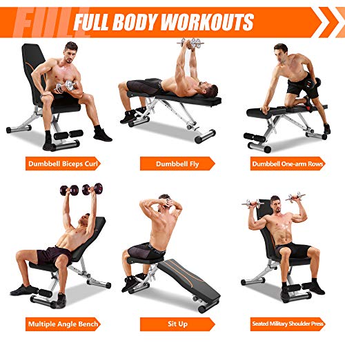 Weight Bench Adjustable Workout Bench for Home Gym Foldable Multi-Purpose Strength Training Benches, Flat/Incline/Decline Exercise Bench Press for Full Body Workout (Grey-orange)