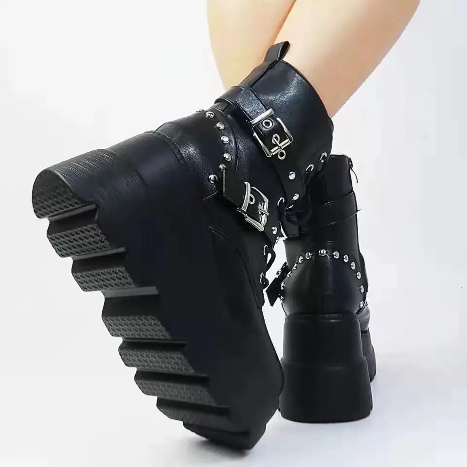Image of Gothniero Platform Goth Ankle Boots for Womem Black Holographic Combat Chunky Heel Boots with Side Zip Lace Up Wedge Booties US5.5-11
