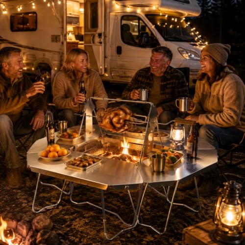 Image of Multi-Functional Wood Burning Stainless Steel Fire Pit,Modular Patio Charcoal Grill Table and Chair Set,Portable Camping Fold Campfire Grill with Rotisserie Spit