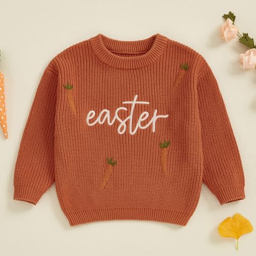 Owl's-Yard Kids Easter Sweater Long Sleeve Crew Neck Carrot Letters Warm Winter Sweater Easter Clothes for Girls Boys2