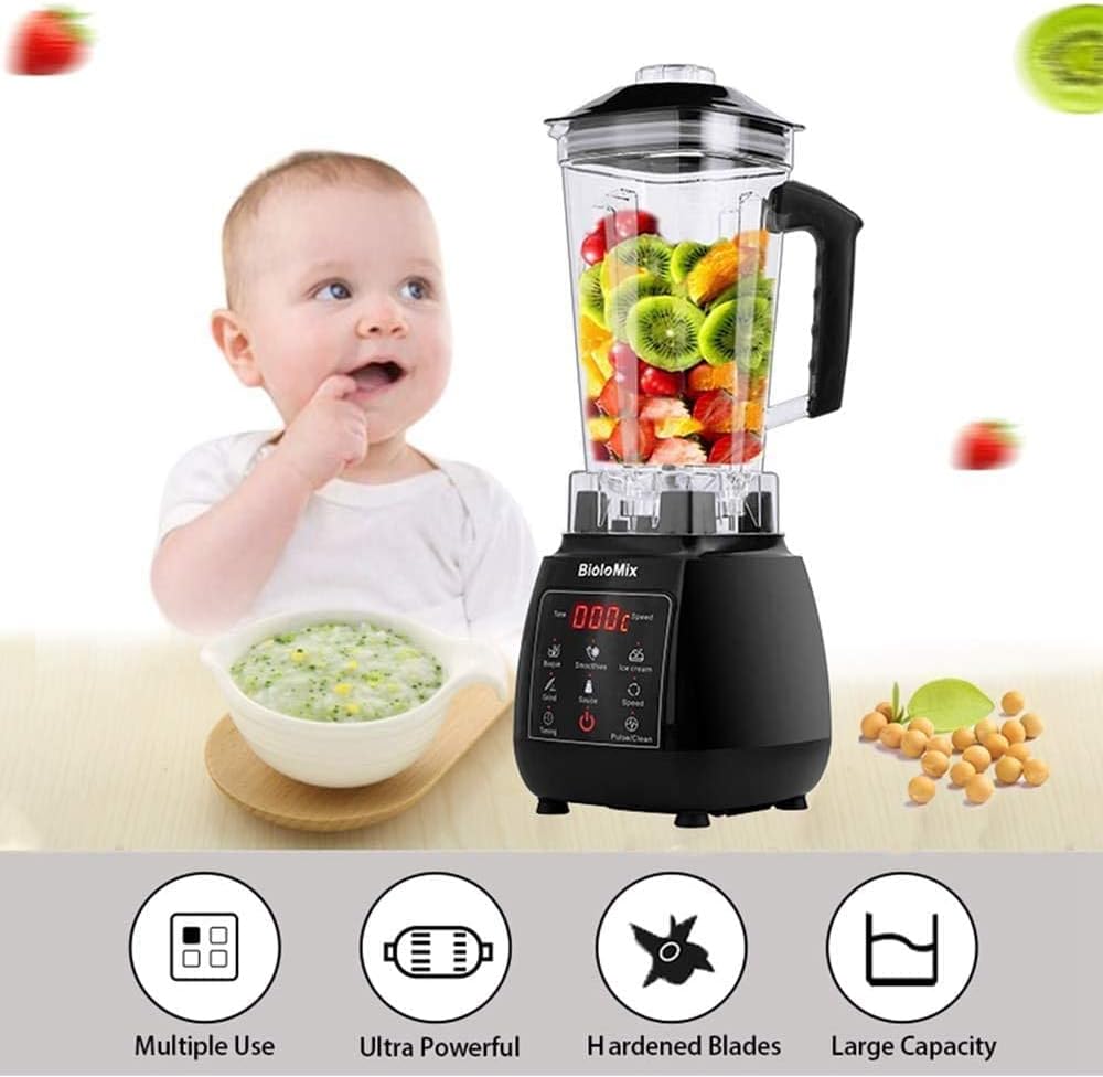 Detallada view of the 2-liter BPA-free blending jug with rubber handle and durable structure