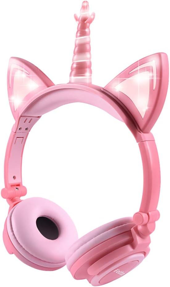 Kids Headphones, Cute Unicorn Cat Ear Headphones Foldable and Adjustable Safe Wired Kids On Ear Headphones for Girls, Teen, Adult, Cosplay/Dance/Party/Birthday Gifts (Peach)