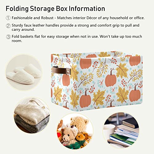 Image of Fall Pumpkin Storage Basket Fabric Storage Bin Laundry Baskets Autumn Maple Leaves Foldable Storage Boxes Organizer Bag for Baby Cloth Dog Toy Book Storage Cubes Shelf Closet Basket 16x12x8 Inches