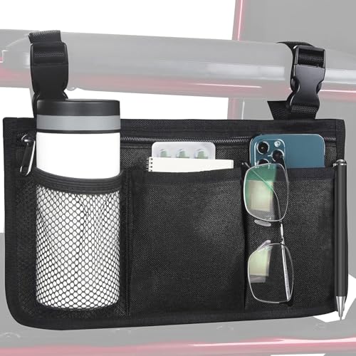 FLZONHUT Bolsa Silla de Ruedas,Bolsa de Almacenamiento Sillas de Ruedas Bolsa Lateral para Silla de Ruedas con Portavasos y Tira Reflectante para la Mayoría de Sillas de Ruedas,Andadores
