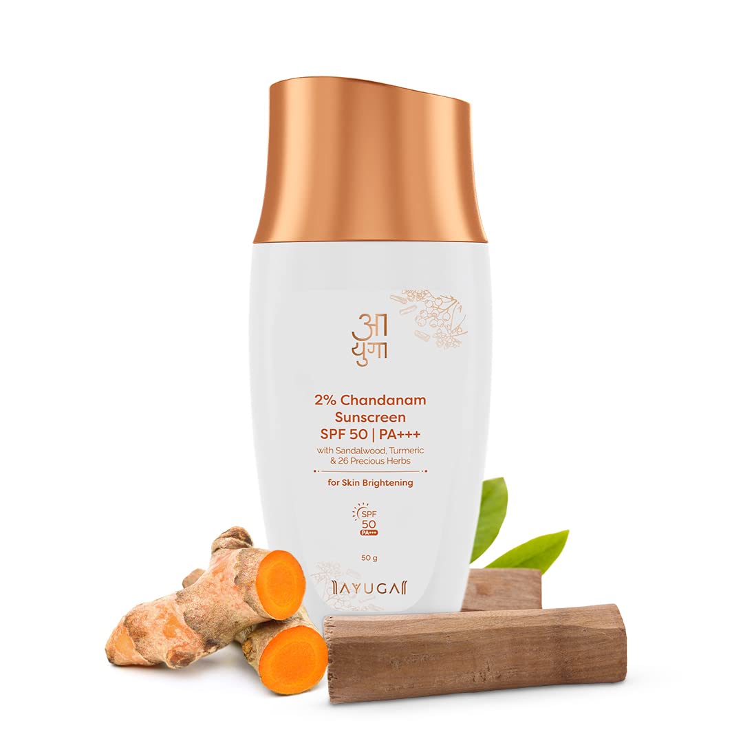Ayuga 2% Chandanam Sunscreen SPF 50/PA+++ with Sandalwood, Turmeric and 26 Precious Herbs for Skin Brightening