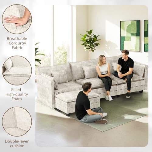 Image of LEVELEVE 112.5 inch L-Shape Modular Sofa with 1 Ottomans, Deep Seat Cloud Convertible Sleeper, 3 Throw 2 Arm Pillows, Comfortable Upholstered Furniture for Living Room Apartment, Beige