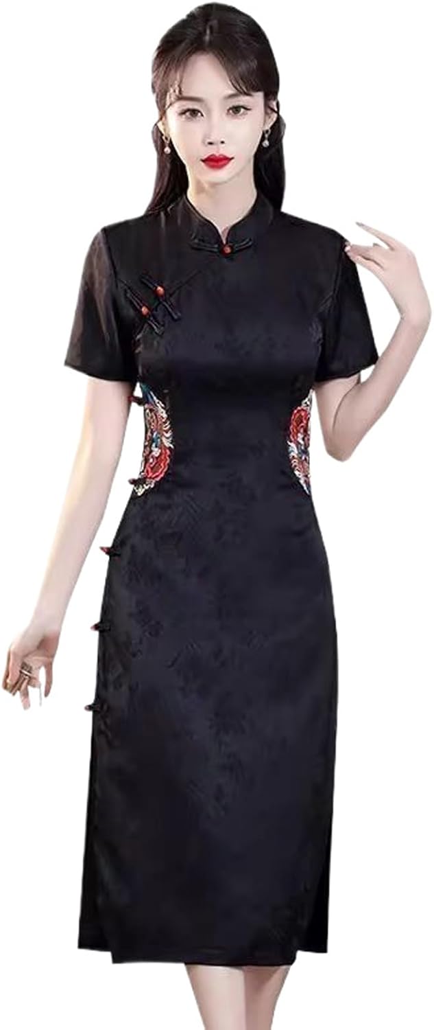 JYHBHMZG Summer Qipao Dress Woman Chinese Style Embroidered Black Cheongsam